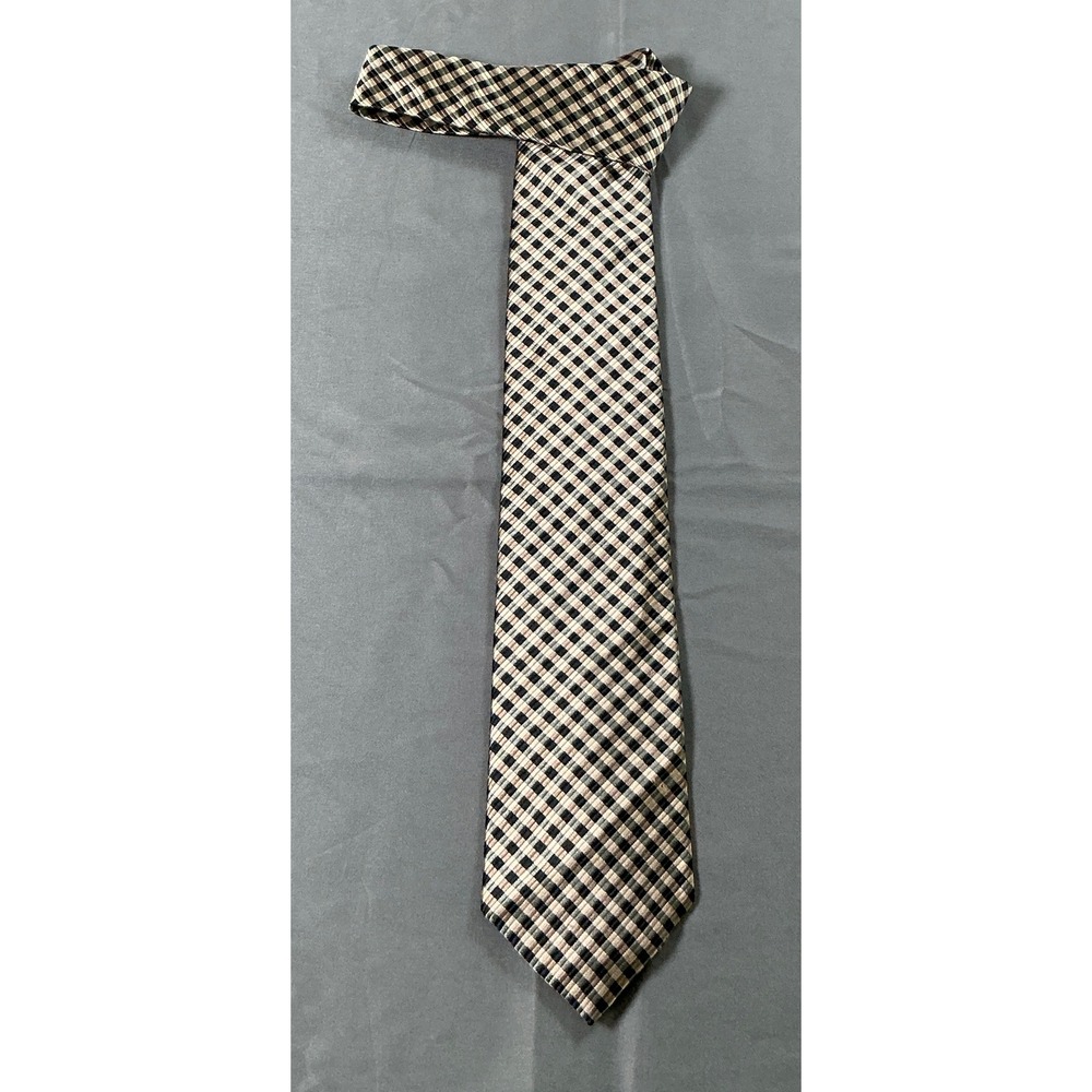 T. Anthony Mens Silk Necktie Tan Black Grey Checkered Pattern Formal Tie